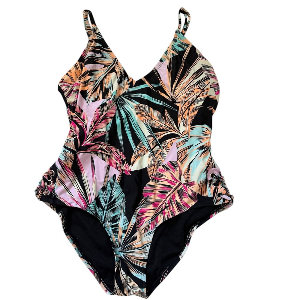 Decree Black and Pink One Piece Swimsuit with Tropical Print